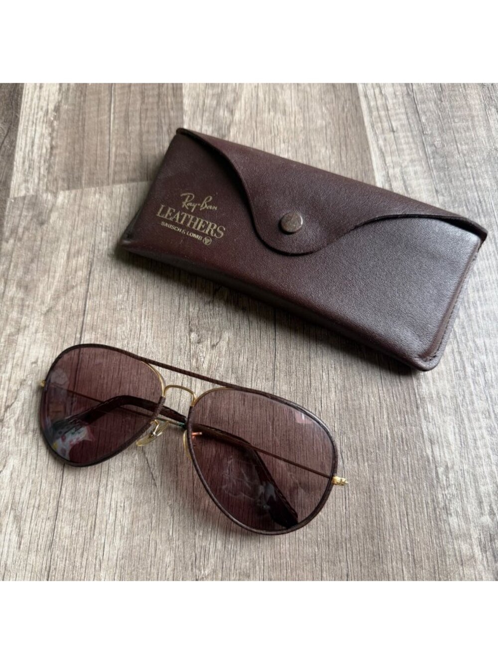 Vintage Ray-Ban Leathers Bausch & Lomb Brown Aviator Sunglasses With Case